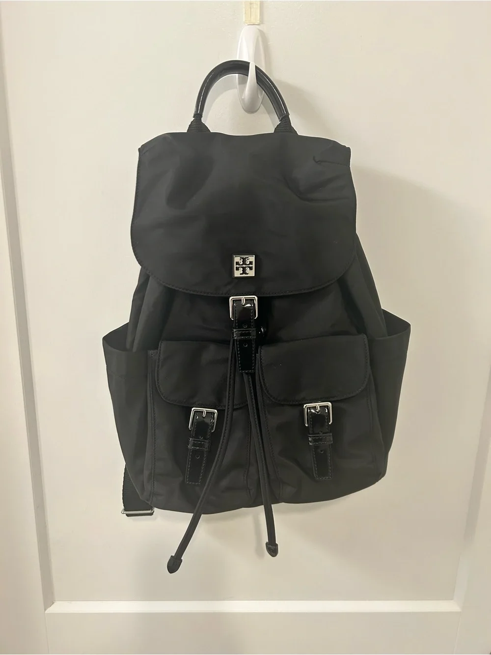 Tory Burch Black Nylon Buckle-Front Backpack with Logo